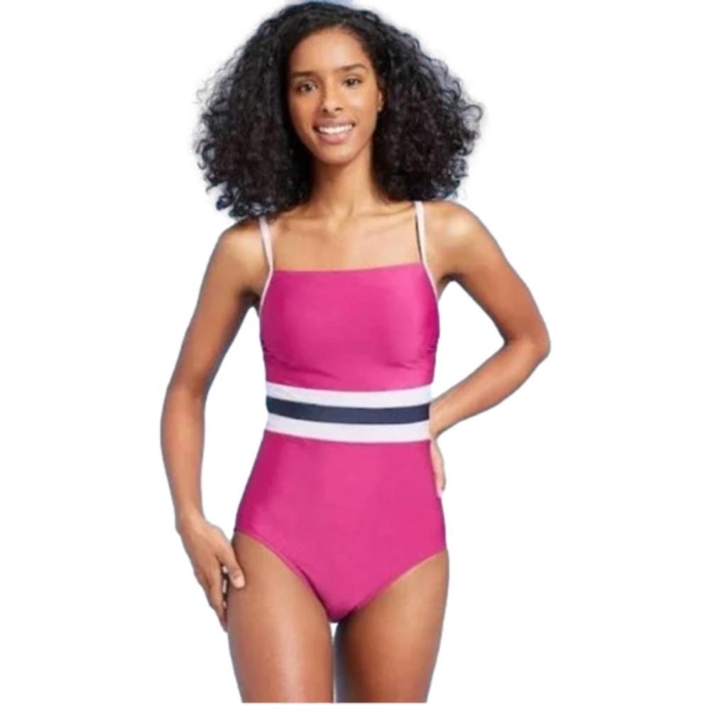 SPORTY All in Motion Swimsuit Square Neck One Piece Cranberry Colorblock small